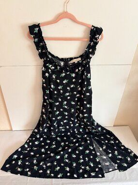 Loft Woman Black Floral Ruffled Straps Midi Summer Dress Front Side Slit Size 18